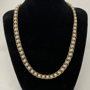 Vintage 1980s TRIFARI Faux Pearls Interlaced Gold Tone Chain Necklace